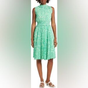 NWT Nanette Lepore Emerald Isle Green Pleated High Neck Sleeveless Printed Dress